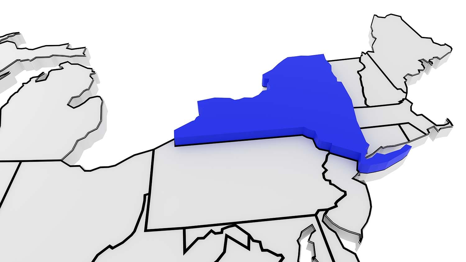 Blue New York state map for malpractice requirements