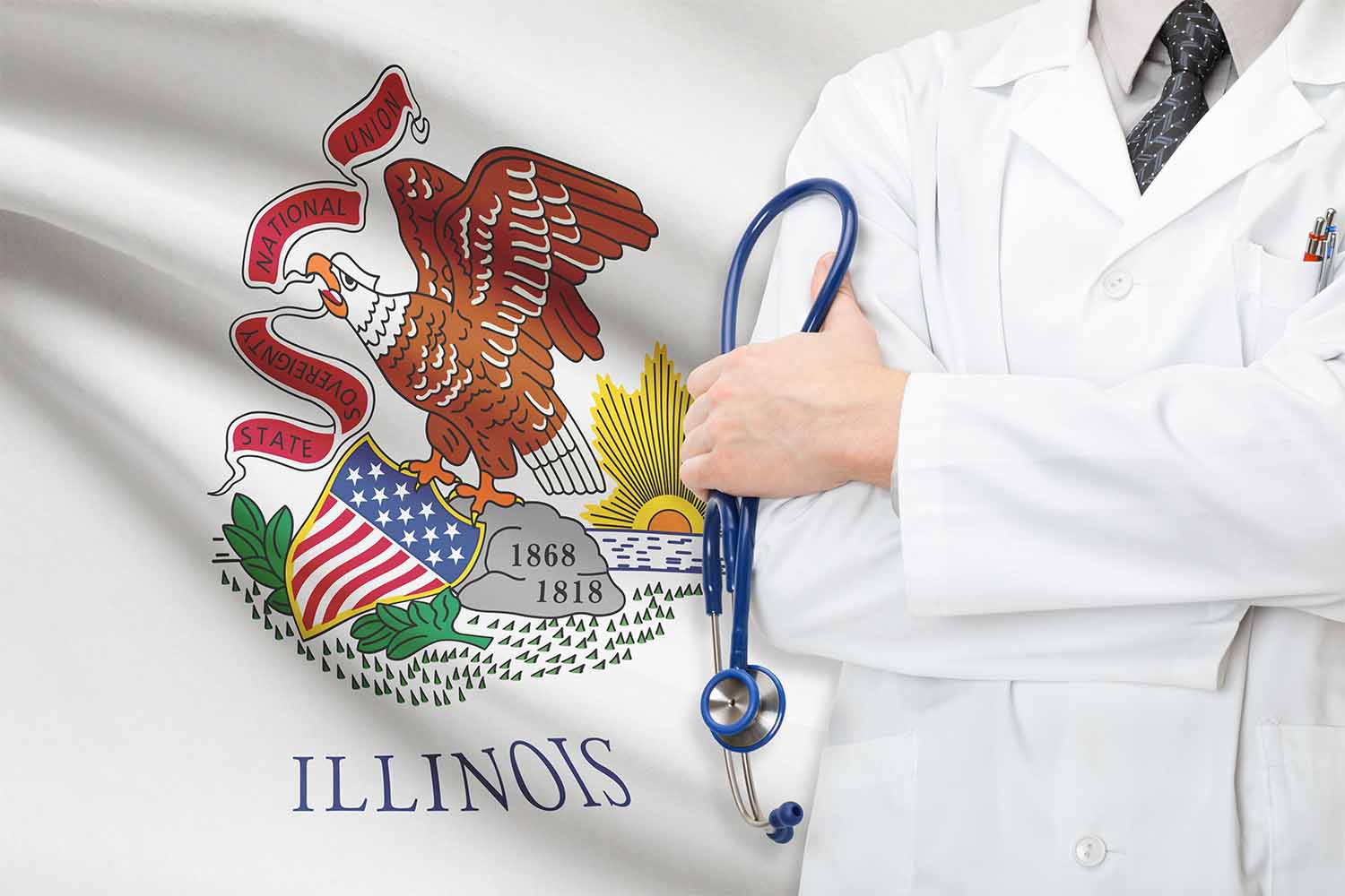 Doctor with stethoscope in front of Illinois state flag