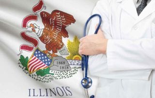 A Physician With A Malpractice Policy Standing In Front Of The Illinois State Flag