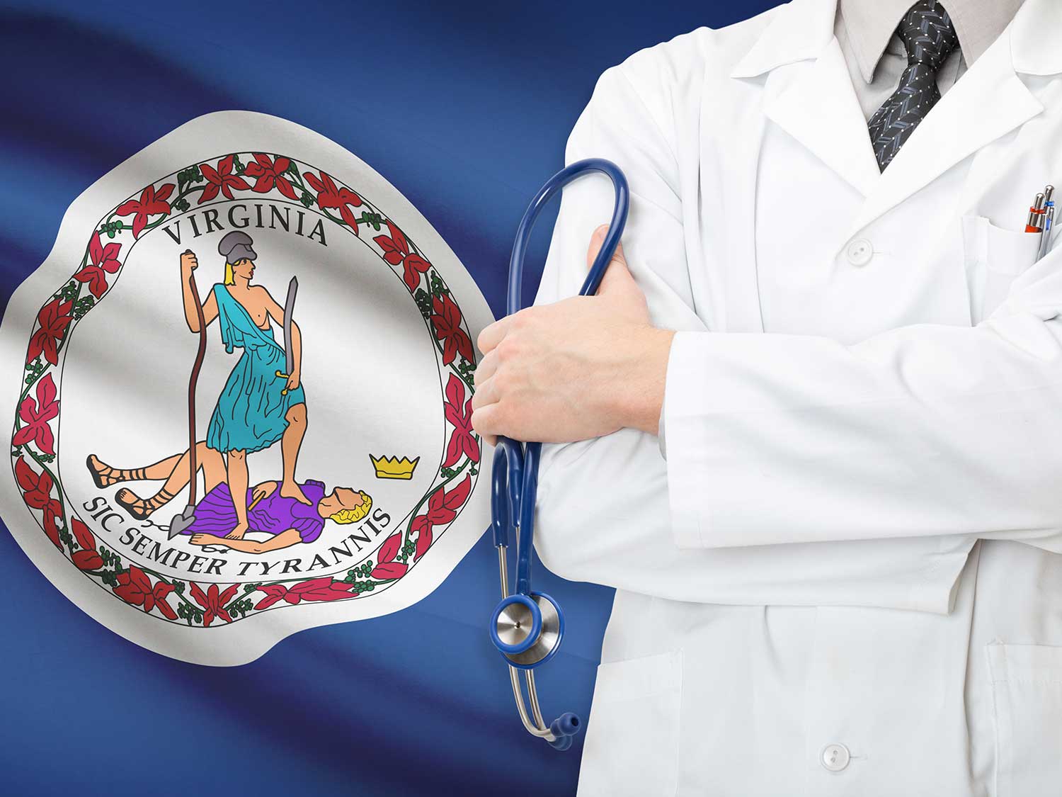 Doctor With Liability Insurance Coverage Standing In front Of A Virginia Flag With His Arms Folded