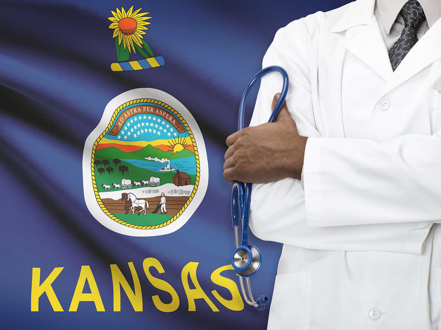 Doctor With Liability Insurance Standing In Front Of Kansas State Flag