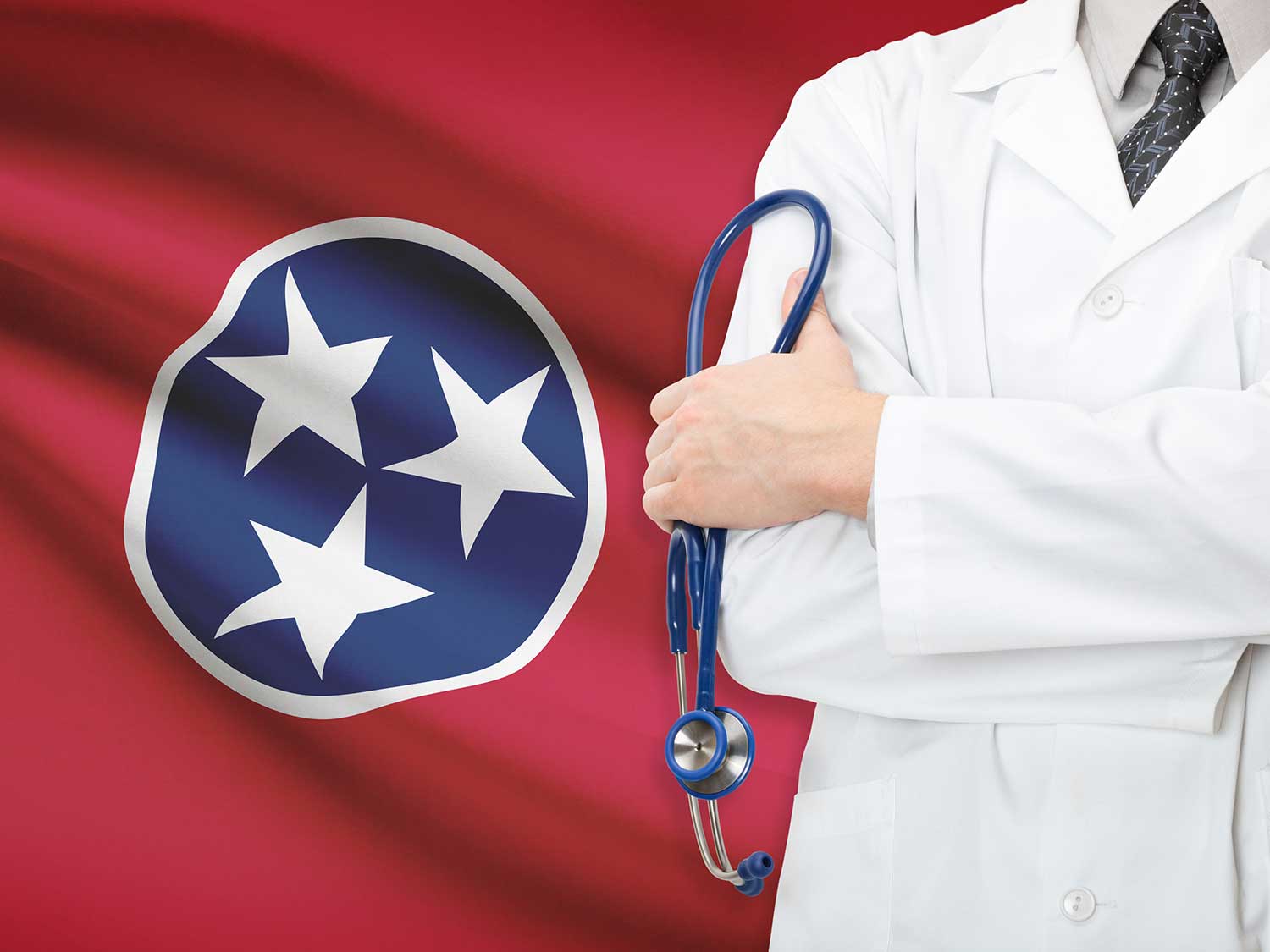 Doctor With Medical Malpractice Insurance In Front Of A Tennessee State Flag