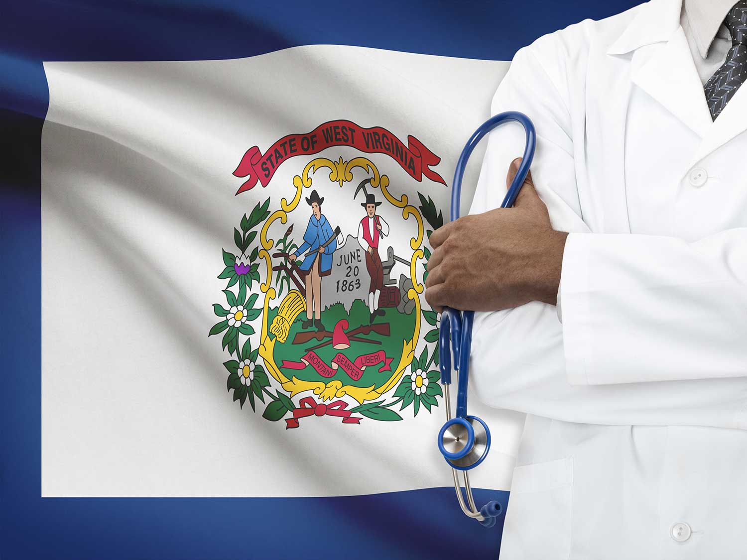 A West Virginia Doctor With Medical Malpractice Insurance Standing In Front Of The State Flag