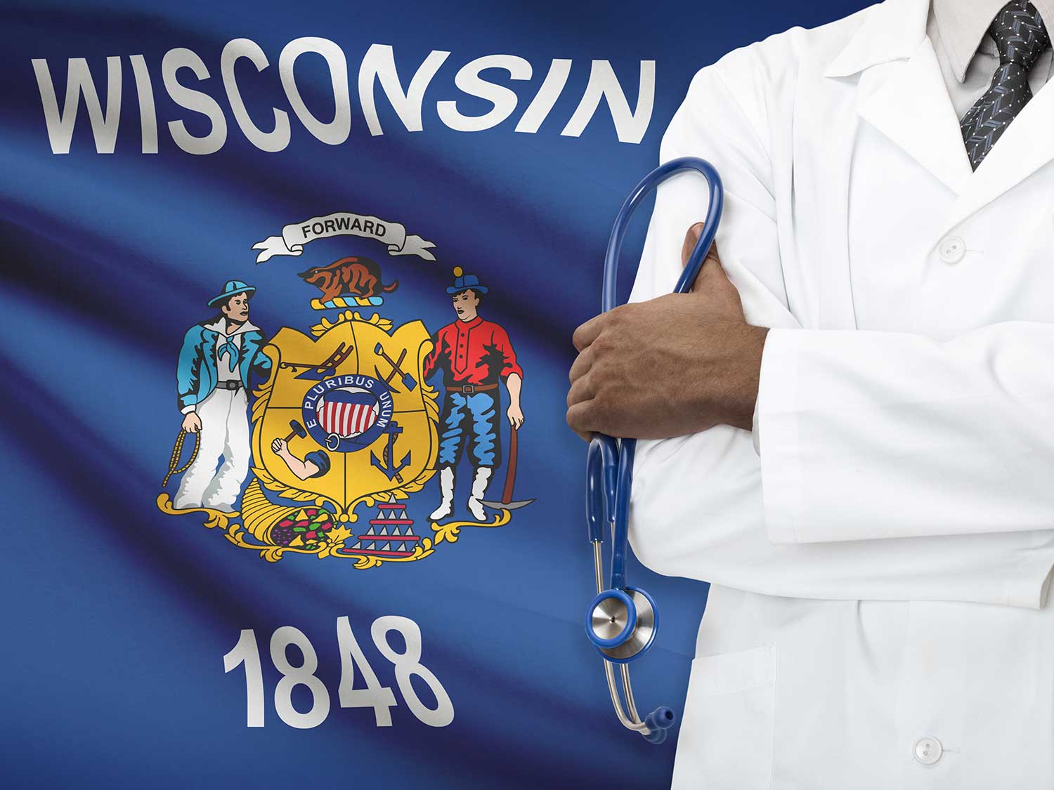 A Wisconsin Doctor With Medical Malpractice Insurance Standing In Front Of The State Flag