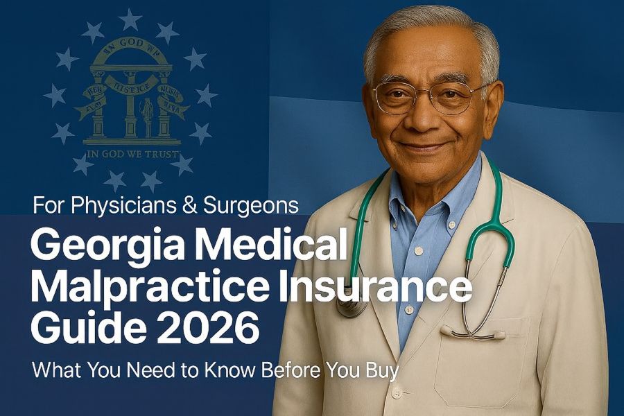Image of a physician with the text Georgia Medical Malpractice Insurance Physician's Guide overlayed.