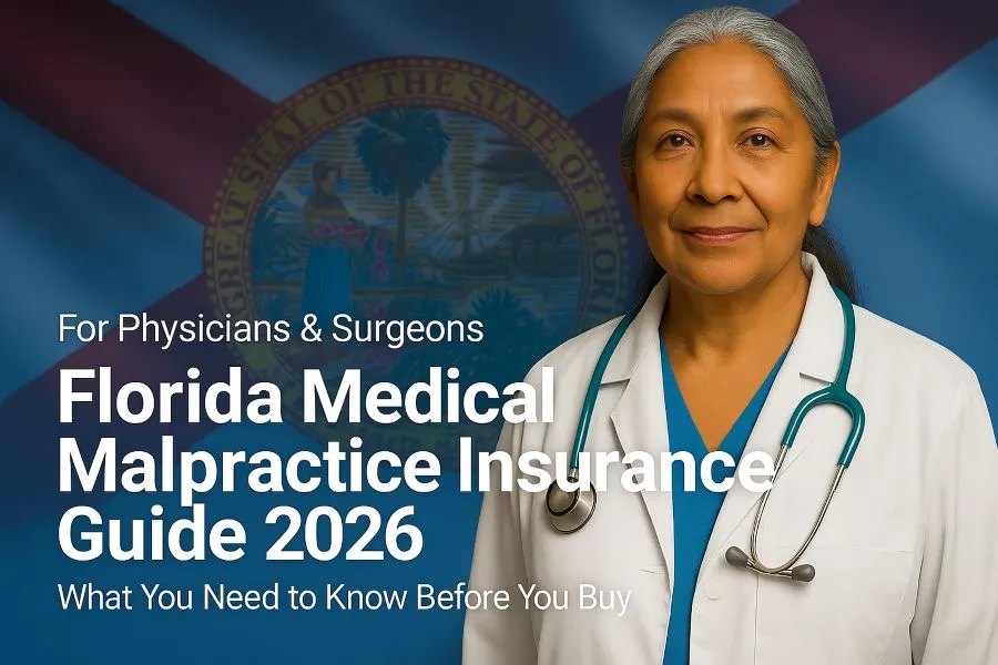 Florida Medical Malpractice Insurance State Buying Guide Image Image of a physician with the text Florida Medical Malpractice Insurance Physician's Guide overlayed.