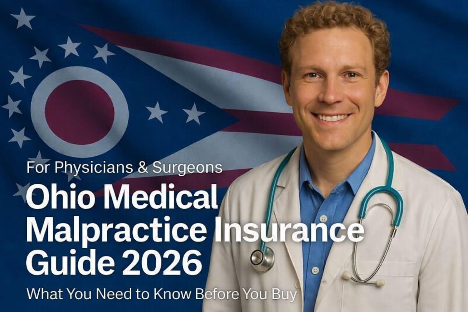 Image of a physician with the text Ohio Medical Malpractice Insurance Physician's Guide overlayed.