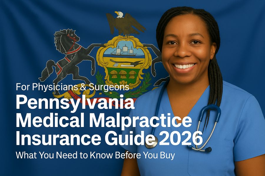Image of a physician with the text Pennsylvania Medical Malpractice Insurance Physician's Guide overlayed.
