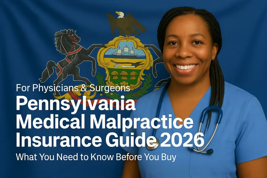 Pennsylvania 2026 Medical Malpractice State Buying Guide Image of a physician with the text Pennsylvania Medical Malpractice Insurance Physician's Guide overlayed.