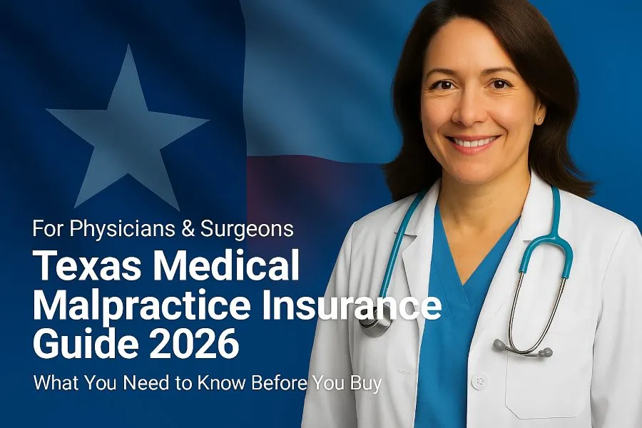 Image of a physician with the text Texas Medical Malpractice Insurance Physician's Guide overlayed.