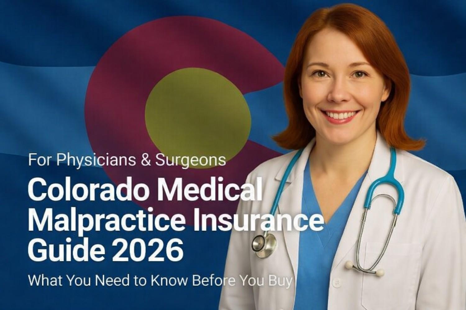 Image of a physician with the text Colorado Medical Malpractice Insurance Physician's Guide overlayed.