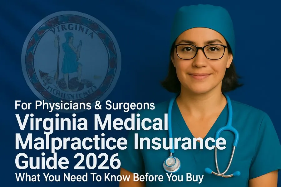 Image of a physician with the text Virginia Medical Malpractice Insurance Physician's Guide overlayed.