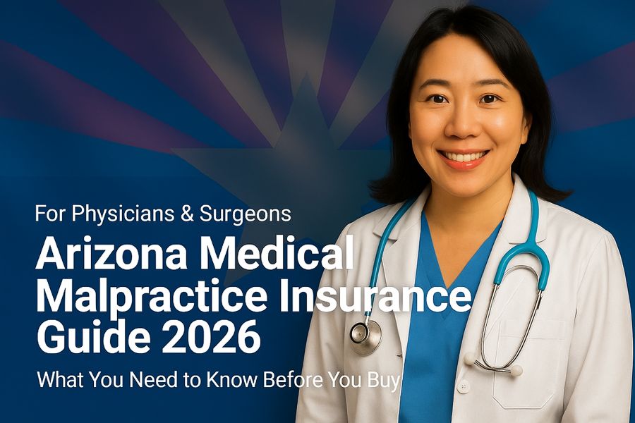 Image of a physician with the text Arizona Medical Malpractice Insurance Physician's Guide overlayed.