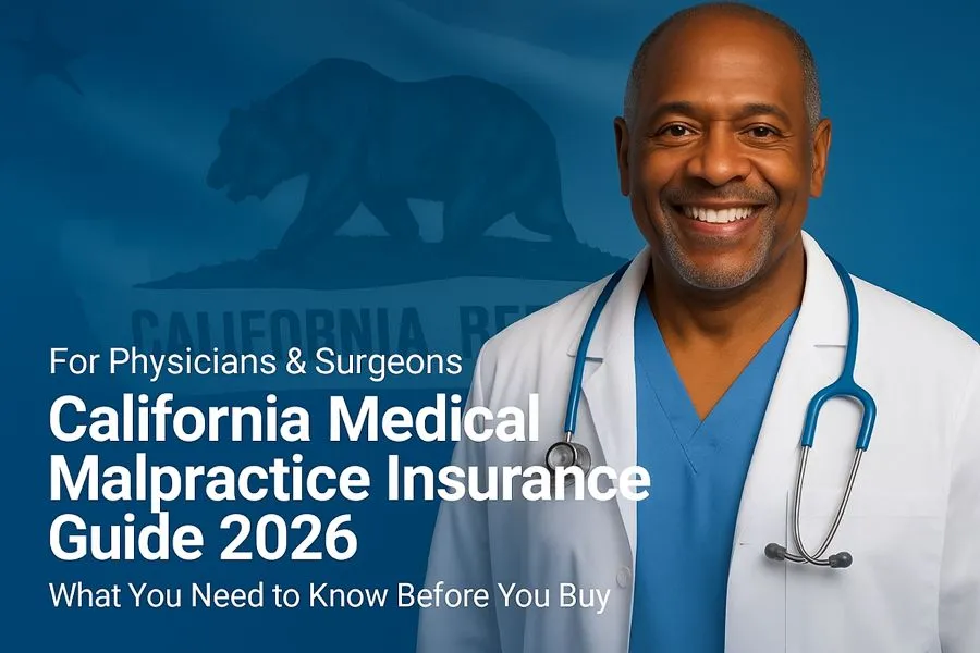 Image of a physician with the text California Medical Malpractice Insurance Physician's Guide overlayed.