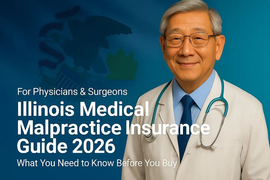 Image of a physician with the text Illinois Medical Malpractice Insurance Physician's Guide overlayed.