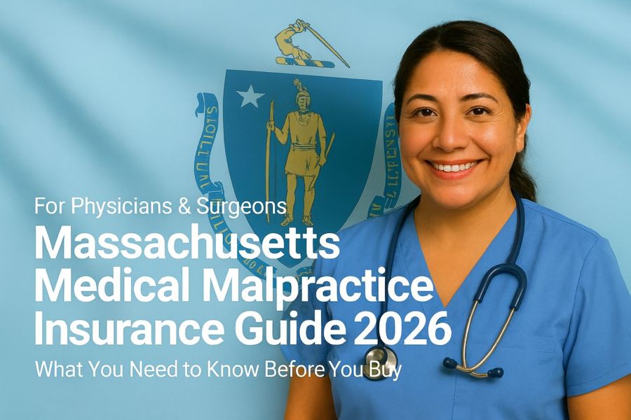 Image of a physician with the text Massachusetts Medical Malpractice Insurance Physician's Guide overlayed.