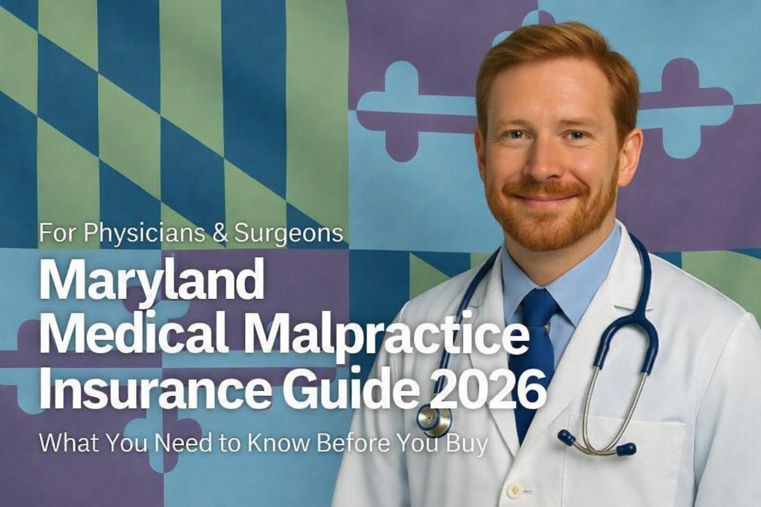 Image of a physician with the text Maryland Medical Malpractice Insurance Physician's Guide overlayed.