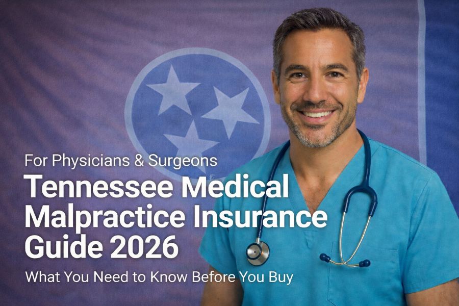 Image of a physician with the text Tennessee Medical Malpractice Insurance Physician's Guide overlayed.