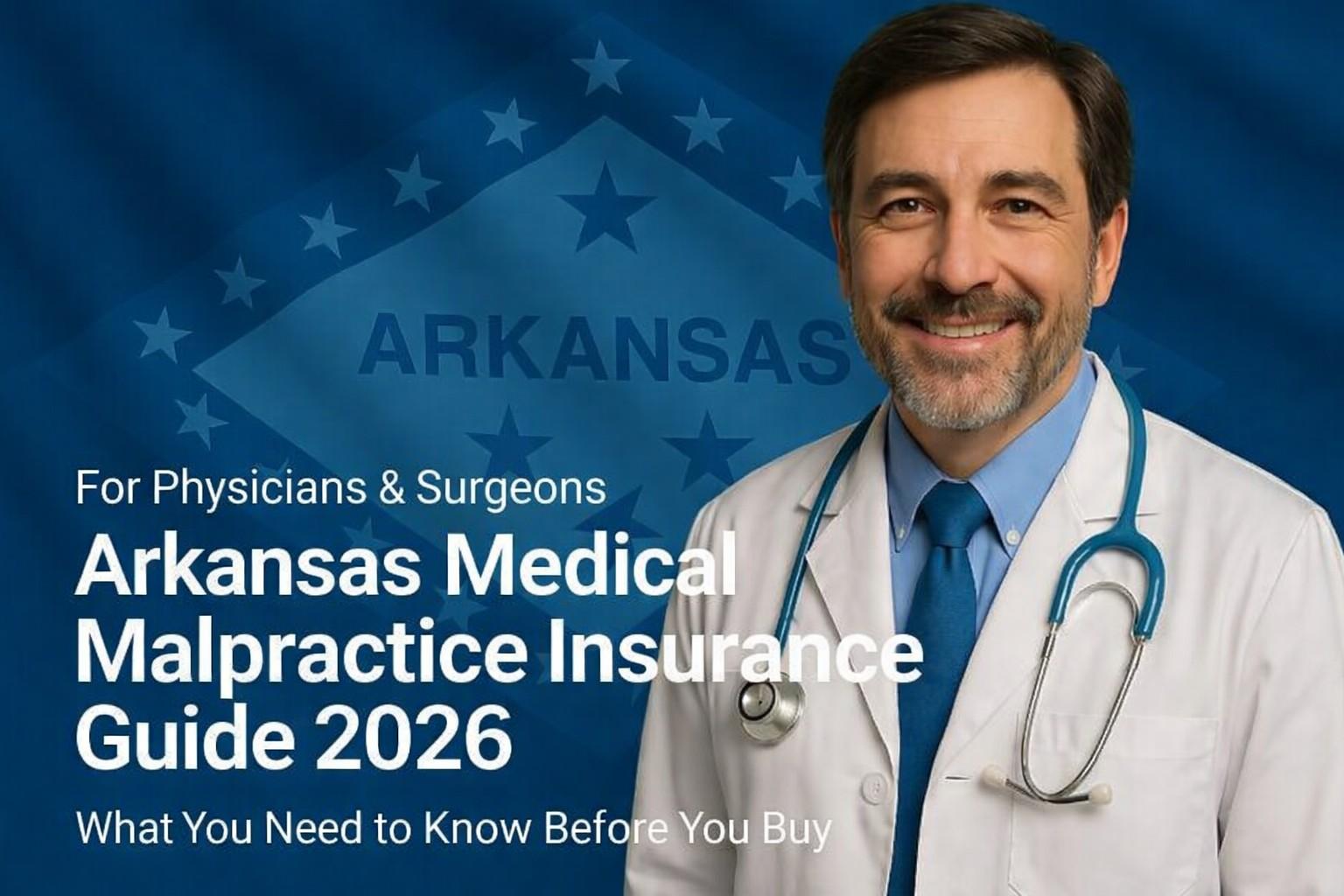 Image of a physician with the text Arkansas Medical Malpractice Insurance Physician's Guide 2026 overlayed.