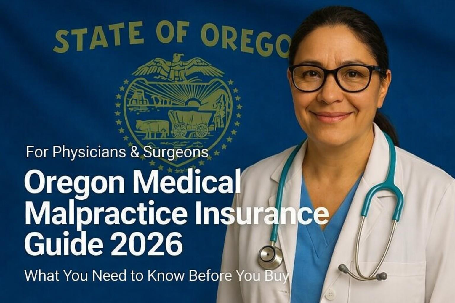 Image of a physician with the text Oregon Medical Malpractice Insurance Physician's Guide overlayed.