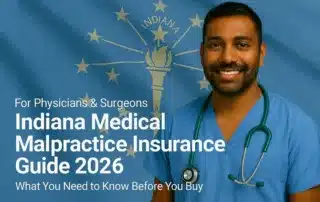 Image of a physician with the text Indiana Medical Malpractice Insurance Physician's Guide 2026 overlayed