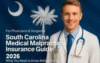 Image of a physician with the text South Carolina Medical Malpractice Insurance Physician's Guide 2026 overlayed.