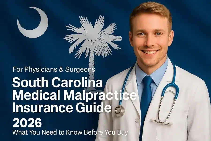Image of a physician with the text South Carolina Medical Malpractice Insurance Physician's Guide 2026 overlayed.
