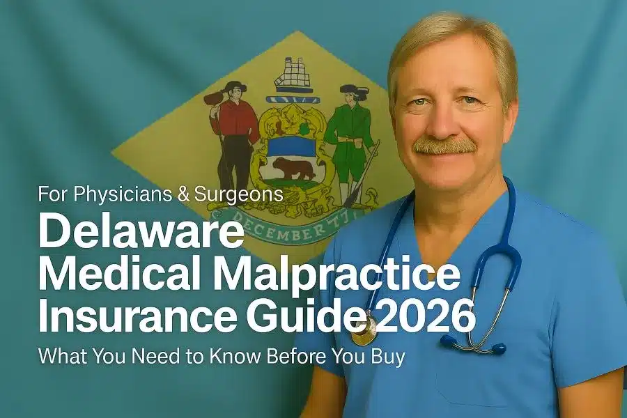 Image of a physician with the text Delaware Medical Malpractice Insurance Physician's Guide 2026 overlayed.