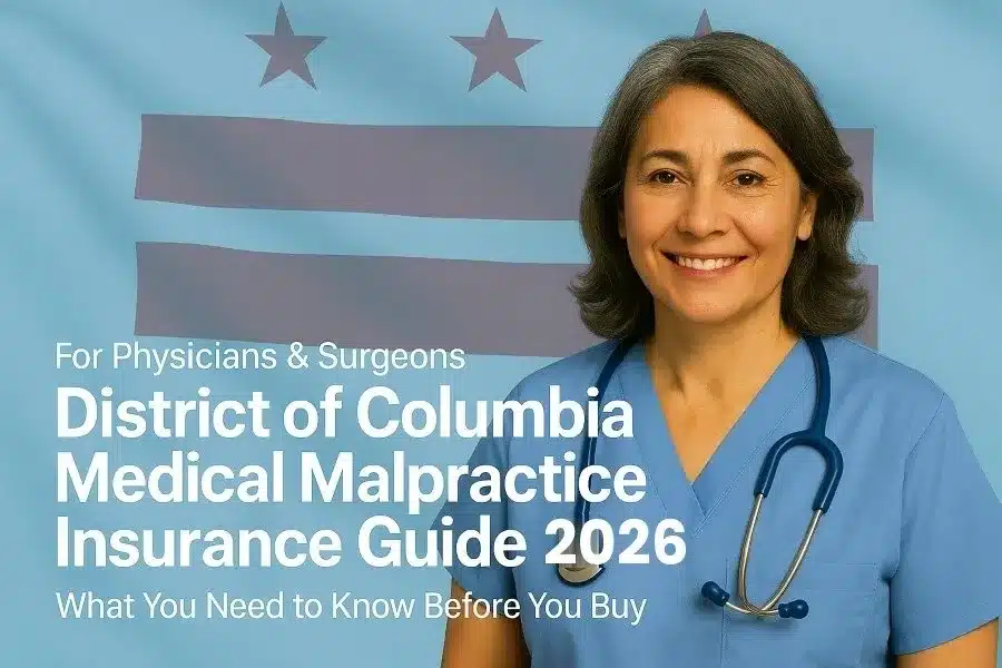 Image of a physician with the text Washington DC Medical Malpractice Insurance Physician's Guide 2026 overlayed.