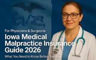 Image of a physician with the text Iowa Medical Malpractice Insurance Physician's Guide 2026 overlayed.