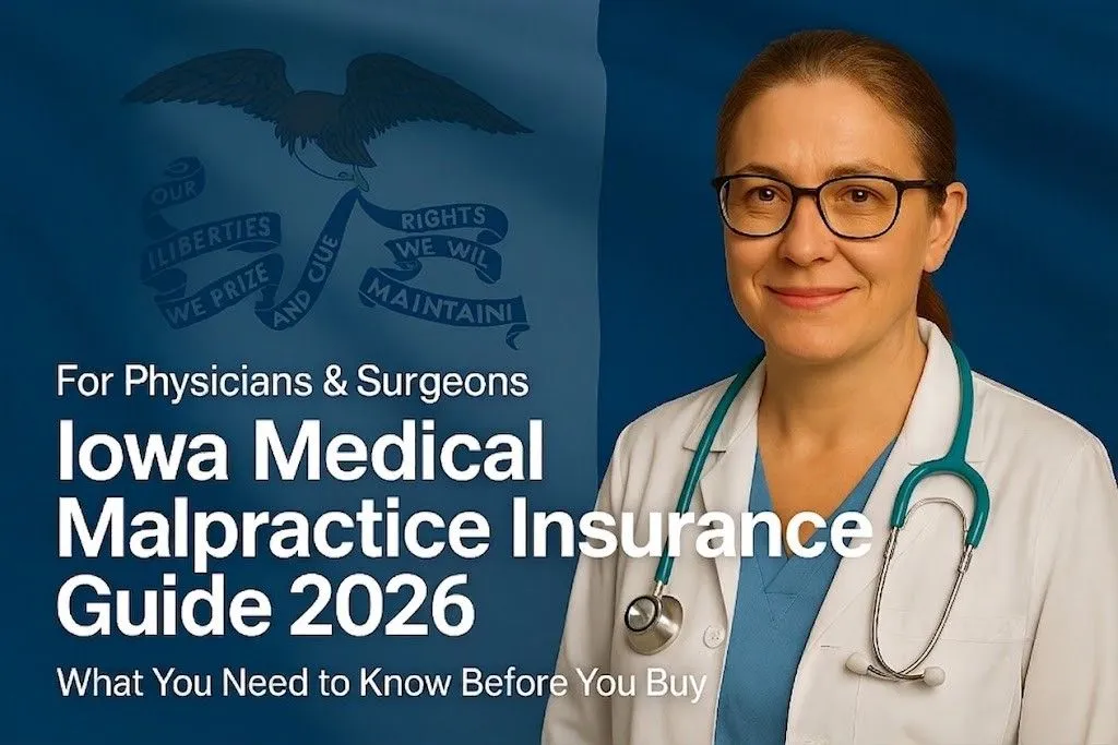 Image of a physician with the text Iowa Medical Malpractice Insurance Physician's Guide 2026 overlayed.