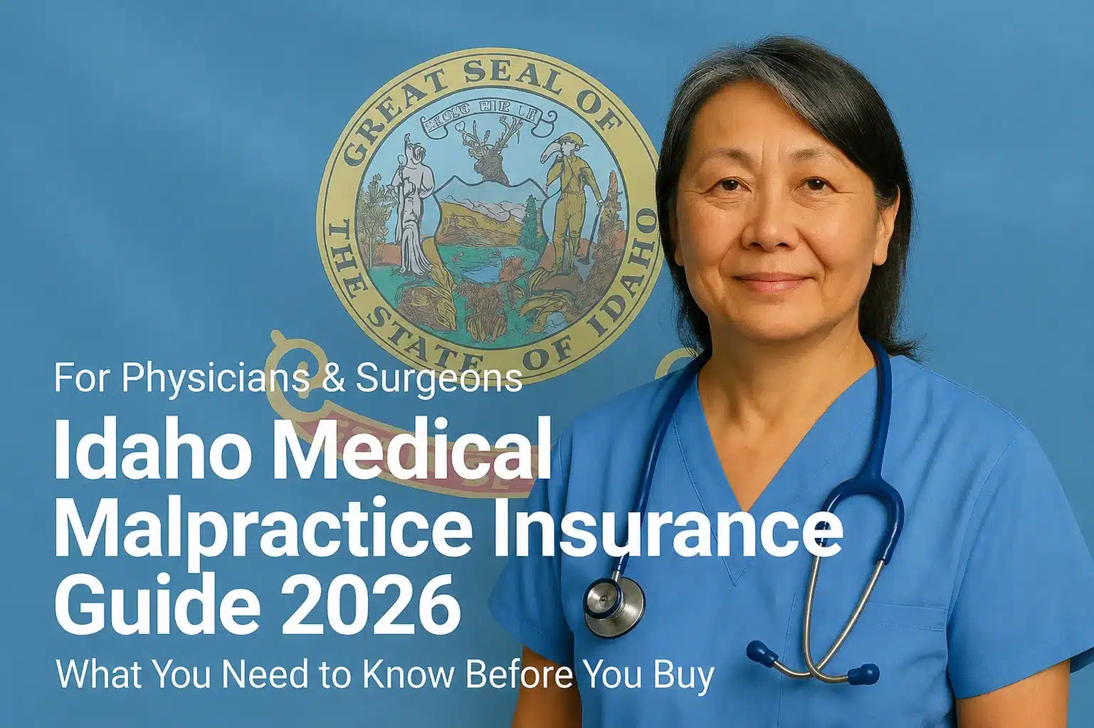 Image of a physician with the text Idaho Medical Malpractice Insurance Physician's Guide 2026 overlayed.