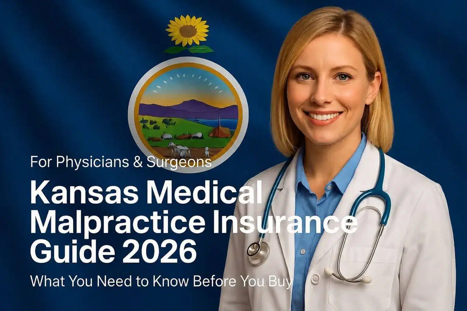 Image of a physician with the text Kansas Medical Malpractice Insurance Physician's Guide 2026 overlayed